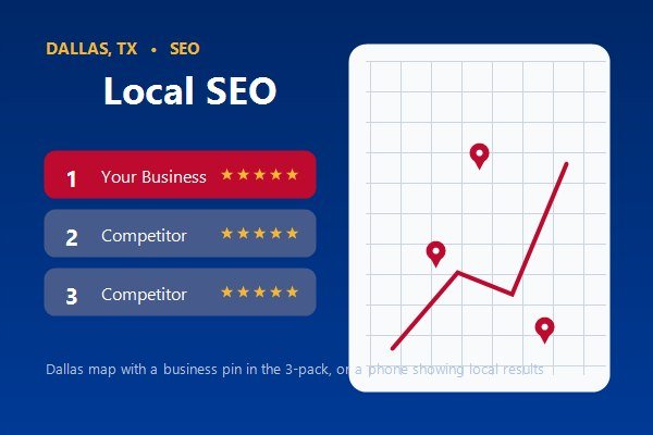 Dallas map with a business pin in the 3-pack, or a phone showing local results